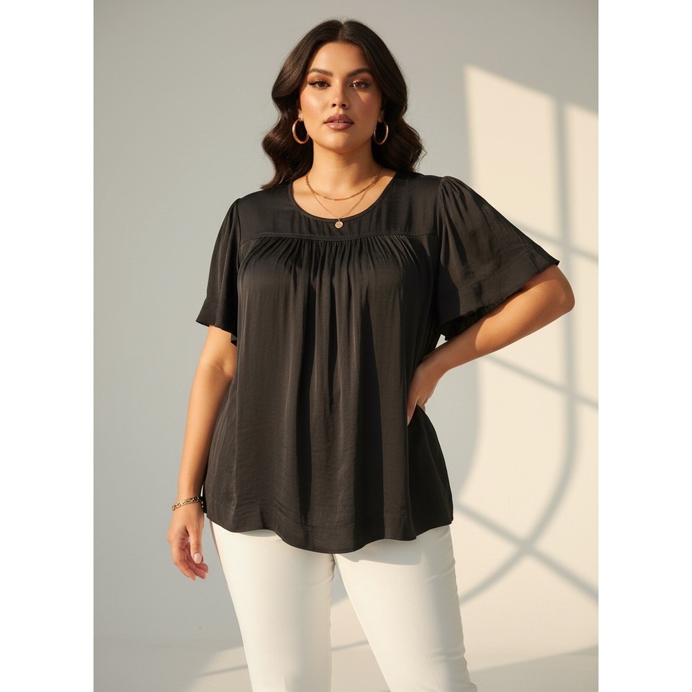 Worthington Woman Black Short Sleeve Gathered Yoke Blouse Top Plus Size 0X NEW‎